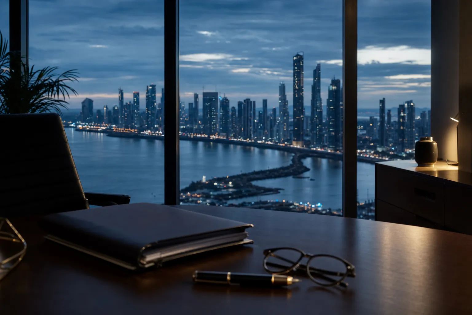 Oficina con vista al skyline de Ciudad de Panamá al anochecer